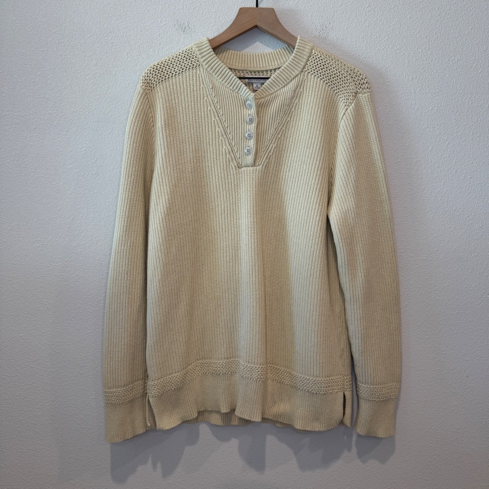 LL BEAN SIGNATURE Mens 100% Cotton Sweater XL Cream Henley Shaker Knit Pullover